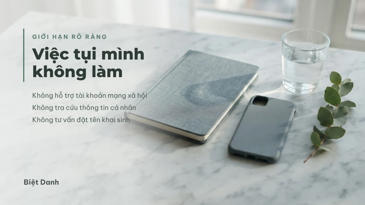Giới hạn của Biệt Danh: không hỗ trợ tài khoản mạng xã hội, không tra cứu thông tin cá nhân