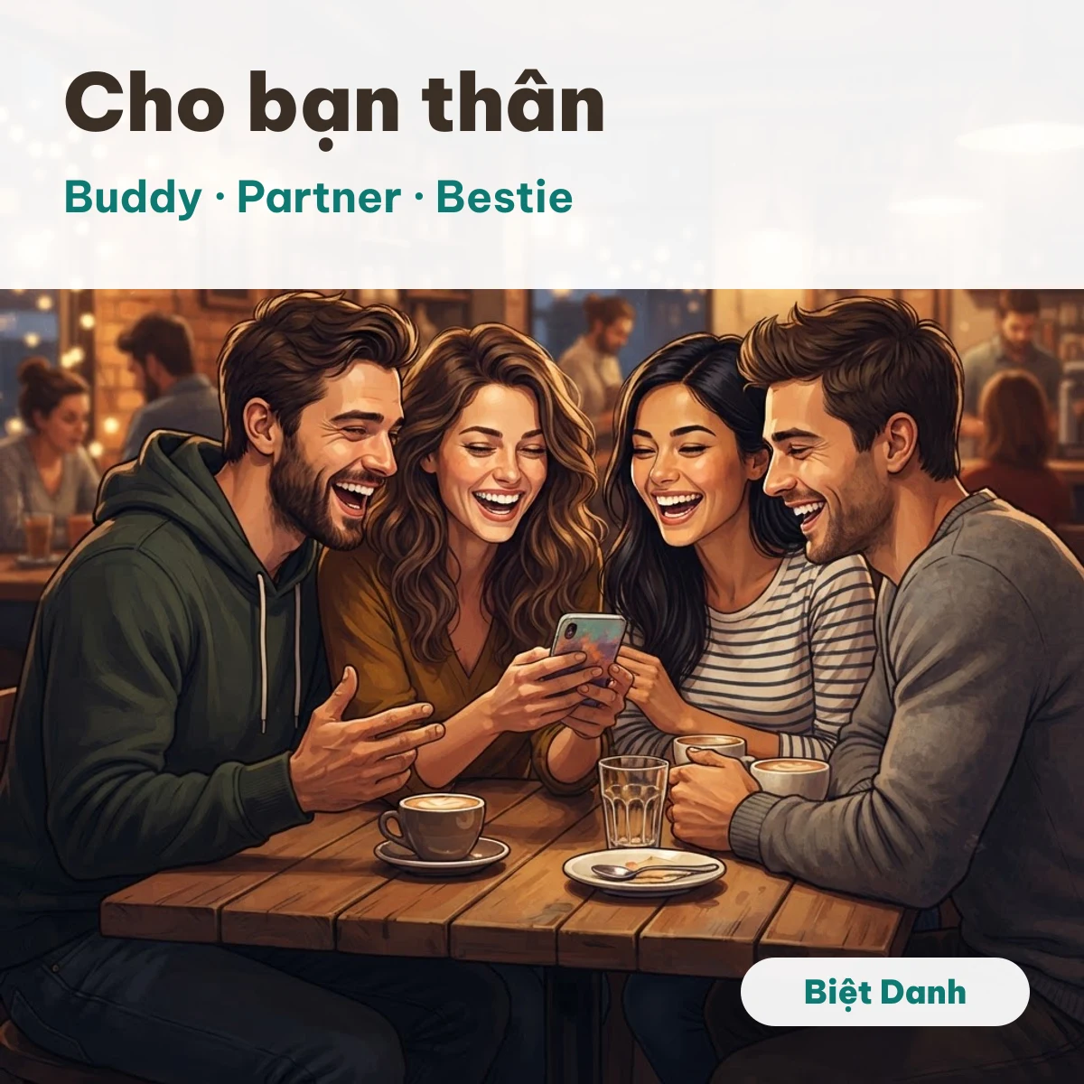 Nhóm bạn cười quanh bàn cà phê, cùng xem một màn hình điện thoại