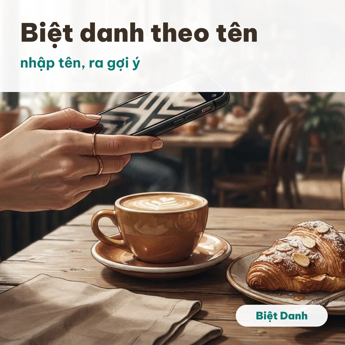 Tay cầm điện thoại bên tách cà phê, minh hoạ công cụ tạo biệt danh theo tên